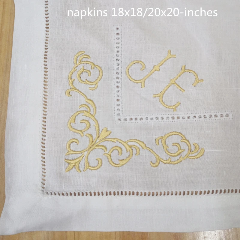 Set of 12 Dinner  Napkins white Hemstitched linen Table Napkin Color Embroidered 20x20-inch