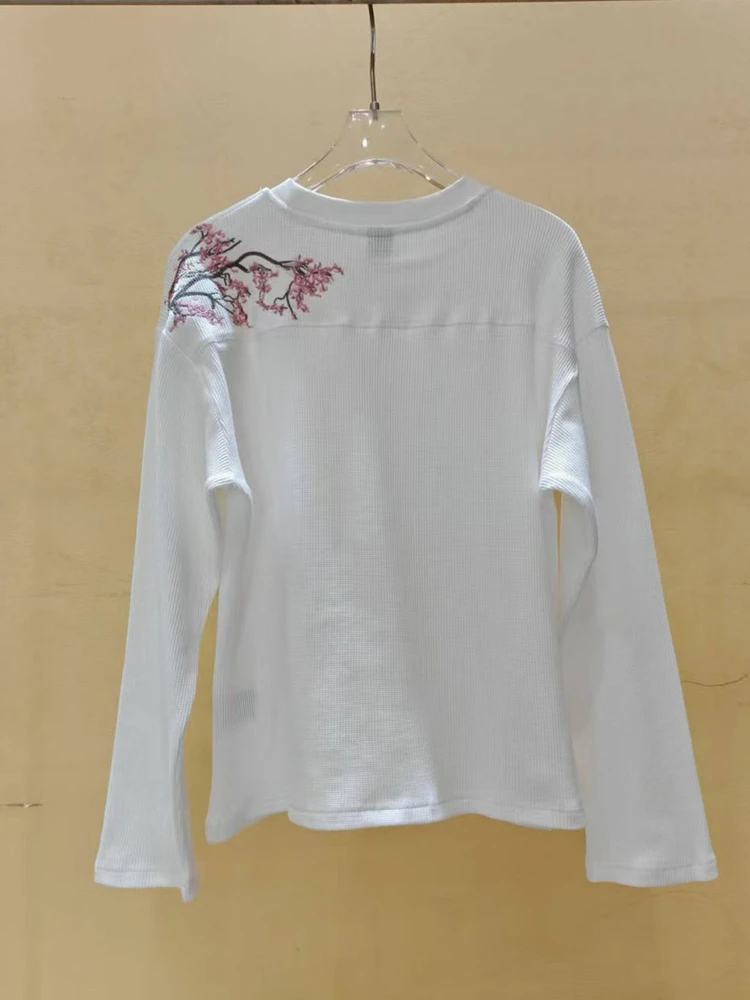 

Свободная длинная круглая футболка Sve для мужчин, повседневный хлопковый топ с вышивкой вишневого цвета, европейский удобный базовый топ