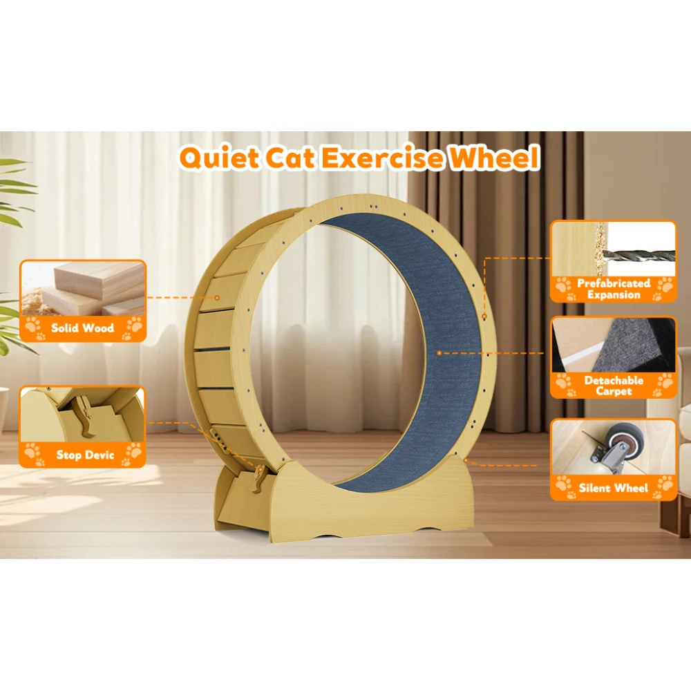 Cat Exercise Wheel for Indoor Cats, 42" Cat Treadmill Wheel with Detachable Carpeted Runway, Natural Solid Wood Sturdy Running