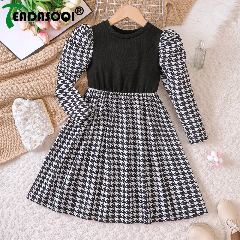 Children Casual Dress For Girls Spring Autumn Thousand-bird Plaid Spliced Bubble Long Sleeve Kids A-line Princess Dresses 5-10Y