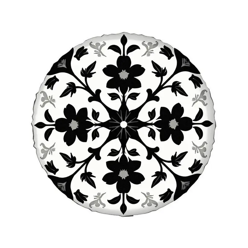 Classic Black And White Artistic Floral Polyester Tire Cover - A Vintage Baroque Style Symmetrical Pattern For Universal Car Spa