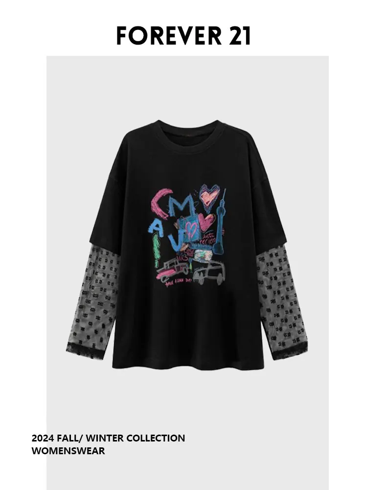 

Forever 2 Retro fiti Letter Print Long Sve T-irt Top Trendy Fake Two-Piece Women's plus Size Commute Sle Autumn 2024