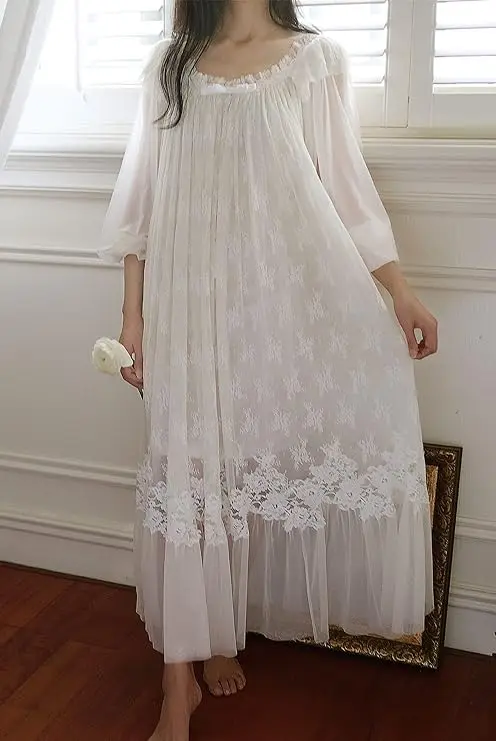 2024 Night Dress Women\'s Vintage Lace Collar Sexy Sleepwear Victorian Nightgown Palace Sweet Princess Dress Summer Sleep Dress