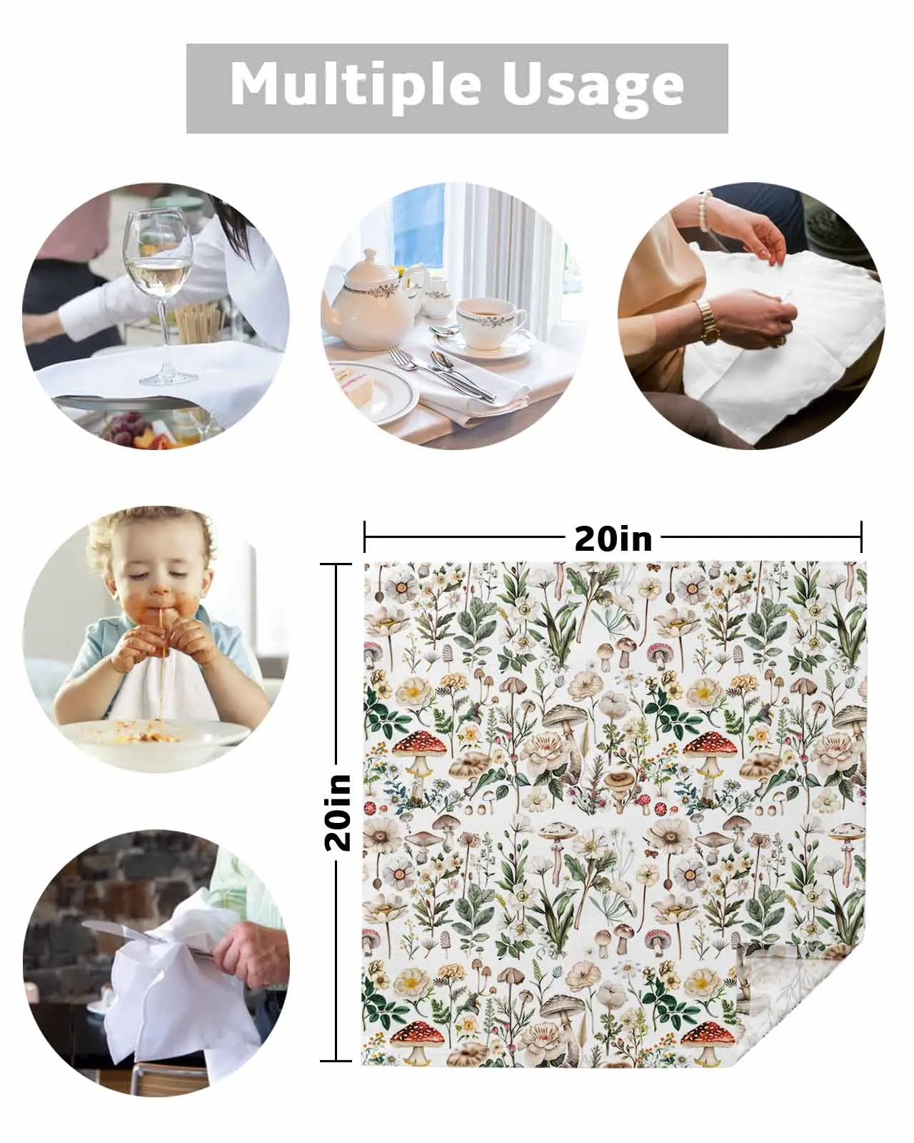 4pc Mushroom Plant Flower Watercolor Retro Table Napkins Set Dinner Handkerchief Towel Napkins Cloth for Wedding Party Banquet