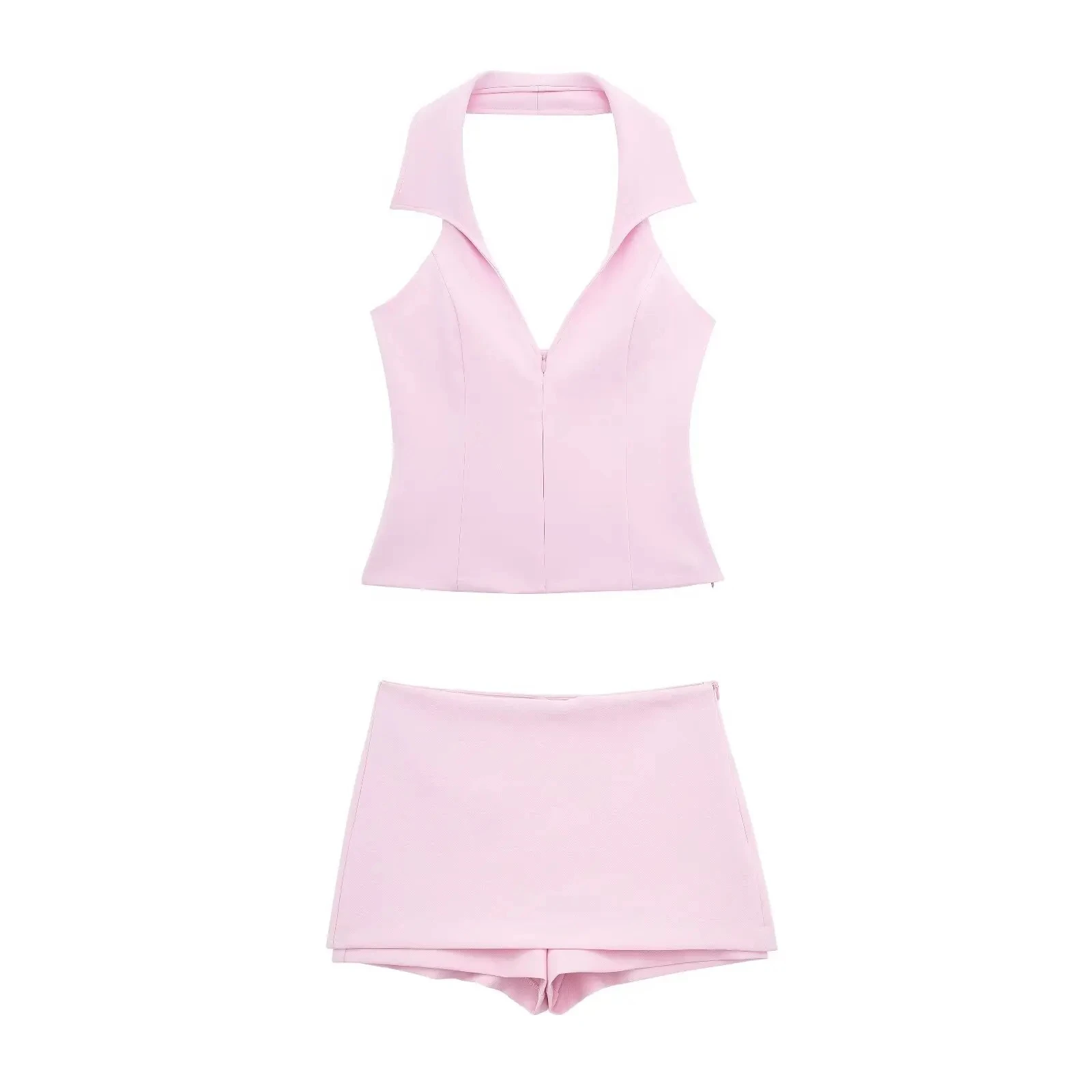 HH 2024 Sommer-Damen-Tanktop, rückenfrei, ärmellos, Neckholder, V-Ausschnitt, abgeschnitten, + A-Linie, hohe Taille, Mini-Shorts, modischer rosa Anzug – Detail 3