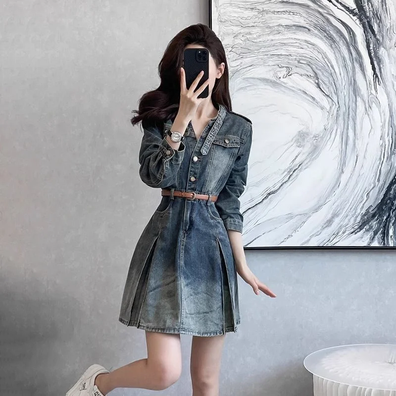 Frauen Hemd kragen Denim Kleider Frühling Herbst 2026 Neue Koreanische Dünne Lange Hülse Weibliche Vintage Blau Cowboy Kleid Vestidos