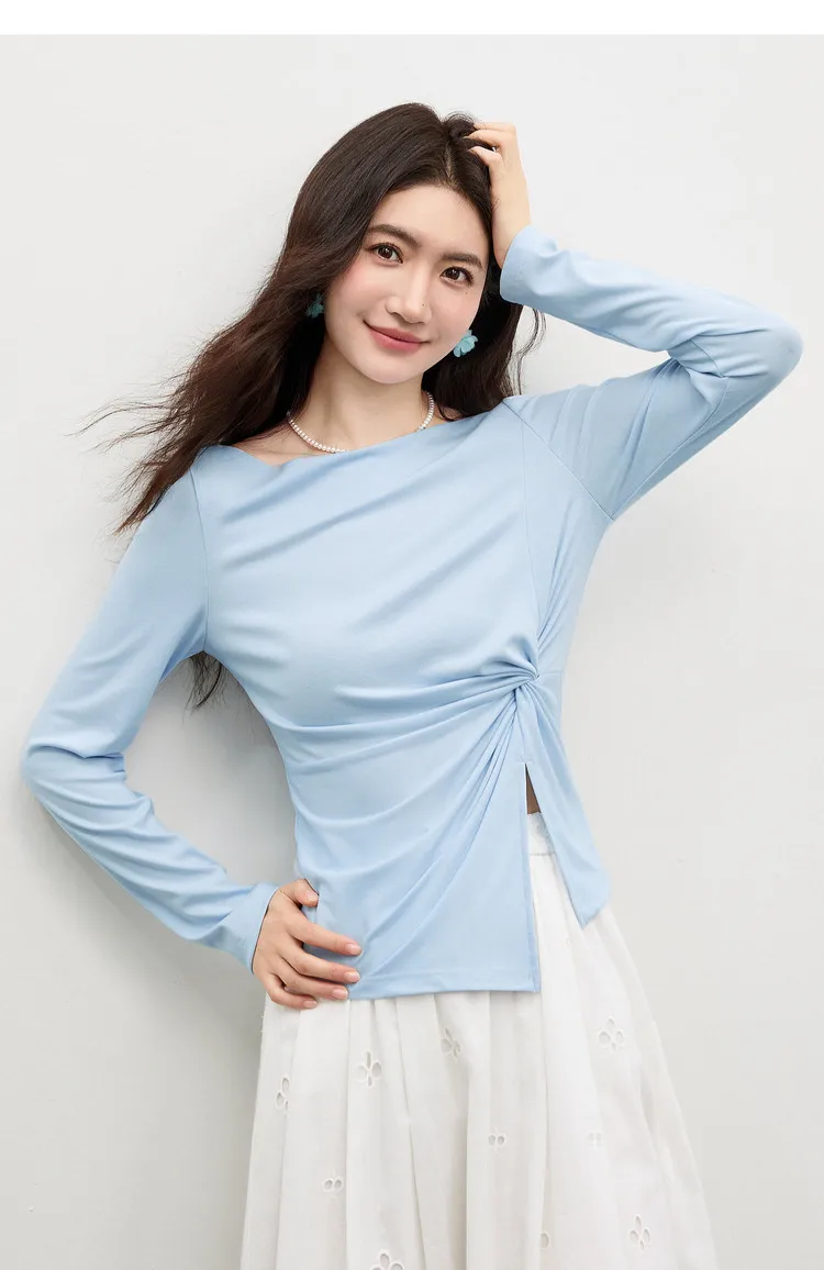 SENTUBILA Lyocell-T-Shirts für Damen, Frühling 2026, schulterfreier Ausschnitt, verdrehter, unregelmäßiger Saum, schlichte Strickoberteile W61TL5033 – Detail 23