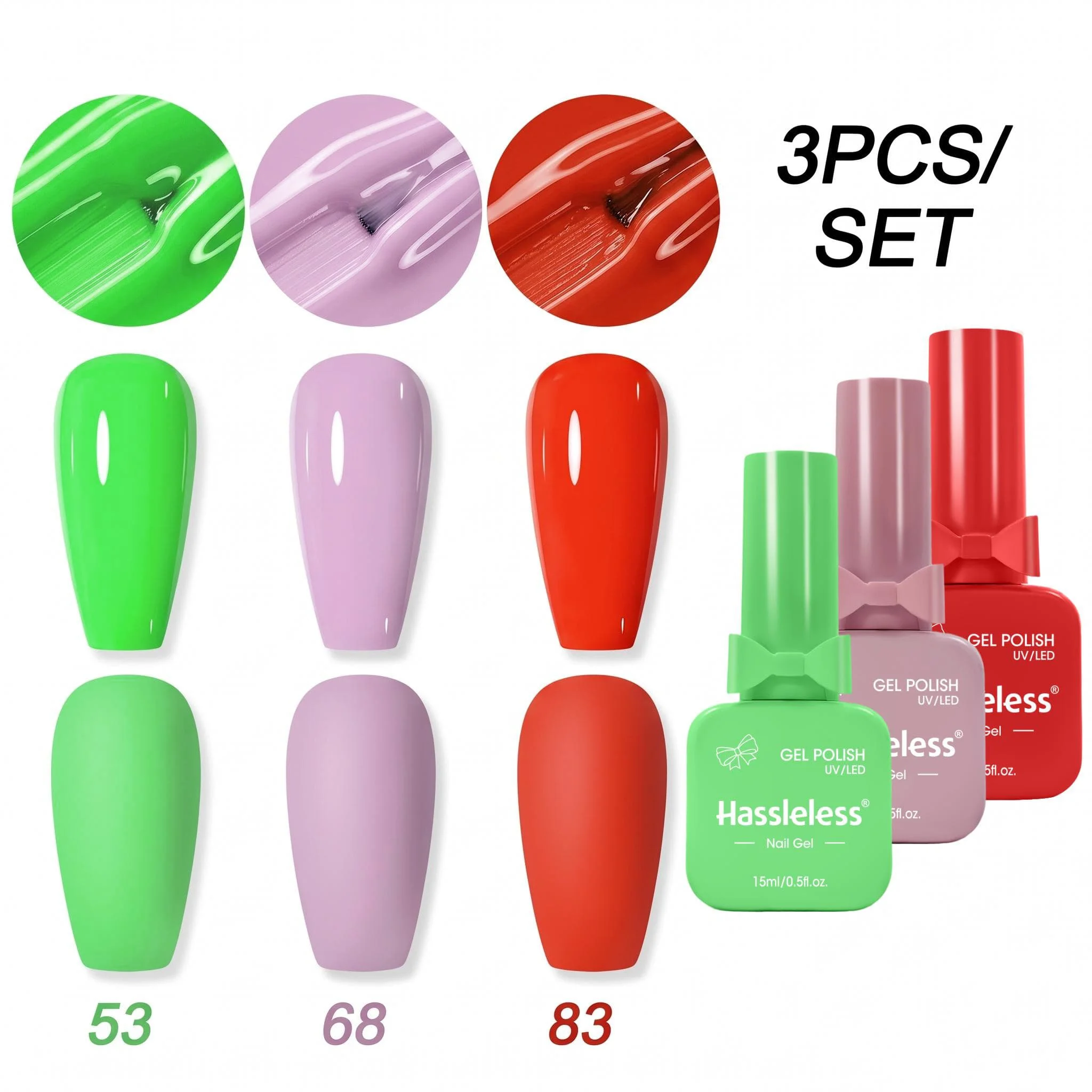 Hassleless 3-Piece Gel Nail Polish Set 15ml Large Capacity Fluorescent Green, Purple, and Red Solid Color Nail Polish, Beginner-Friendly, Easy to Apply, Salon-Quality