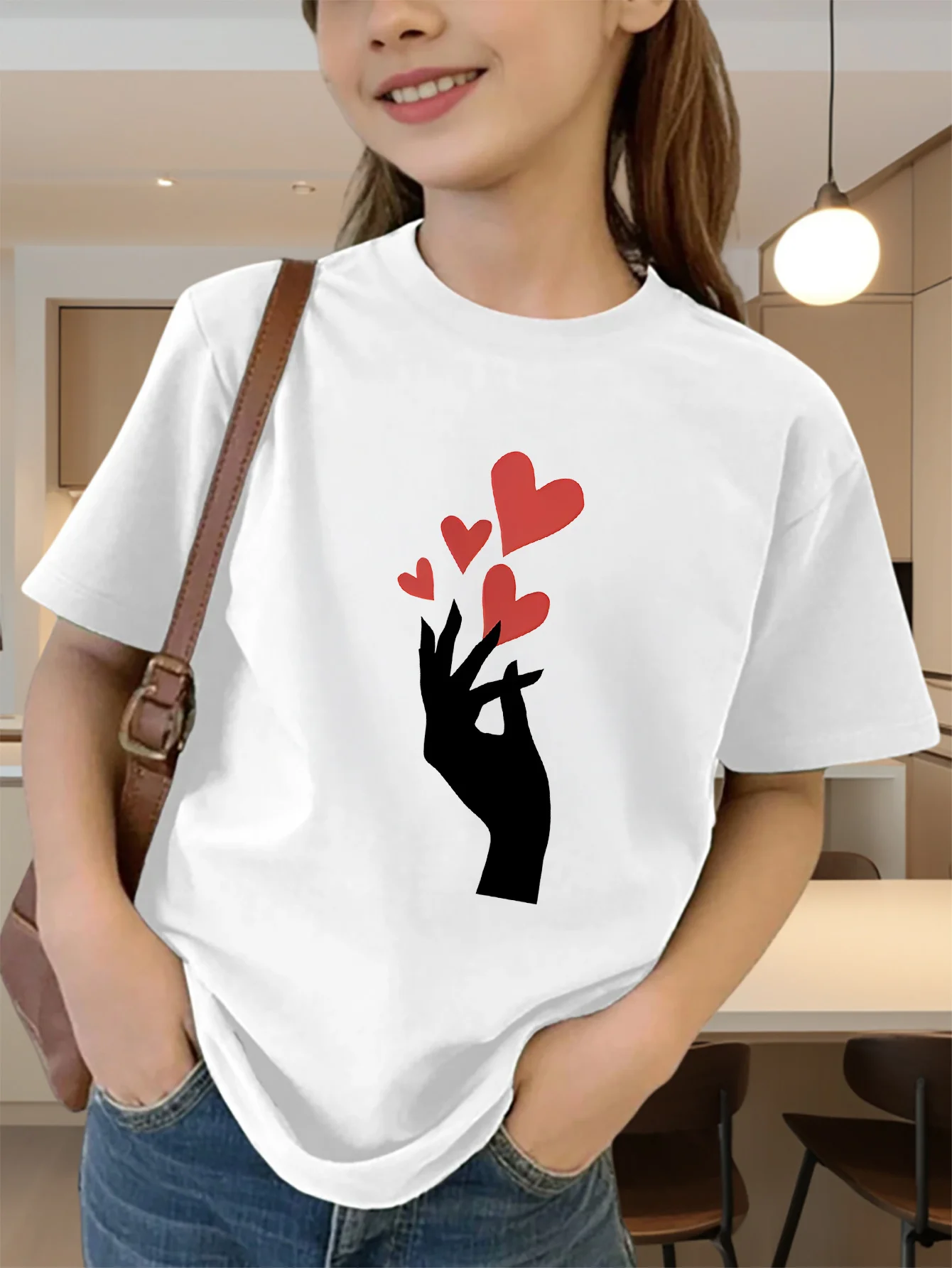 Cute Hand Silhouette Red Hearts Print Graphic Kids Tee Boys Girls Family Matching Cotton Crew Neck Short Sleeve Soft Summer Tee