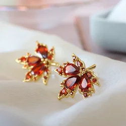 Luxury Red Leaf  Mosquito Coil Ear Clips Zircon Red Maple Leaf Clip on Earrings Without Piercing for Women Wedding Party Gifts