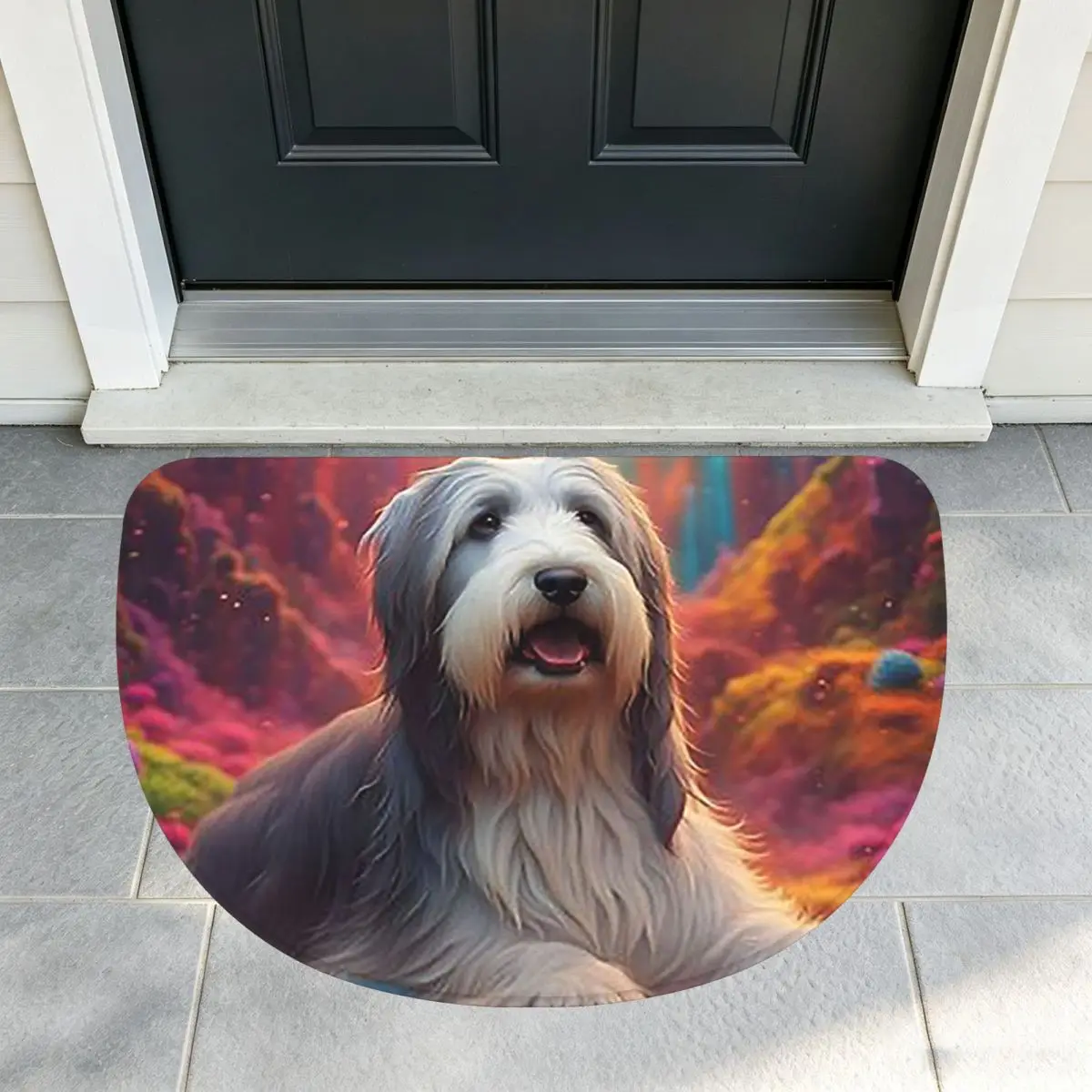 Bearded Collie Dog In Colorful Nature Soft Flannel Half Round Doormat Non Slip Bathroom Mat Absorbent Floor Carpet for Home