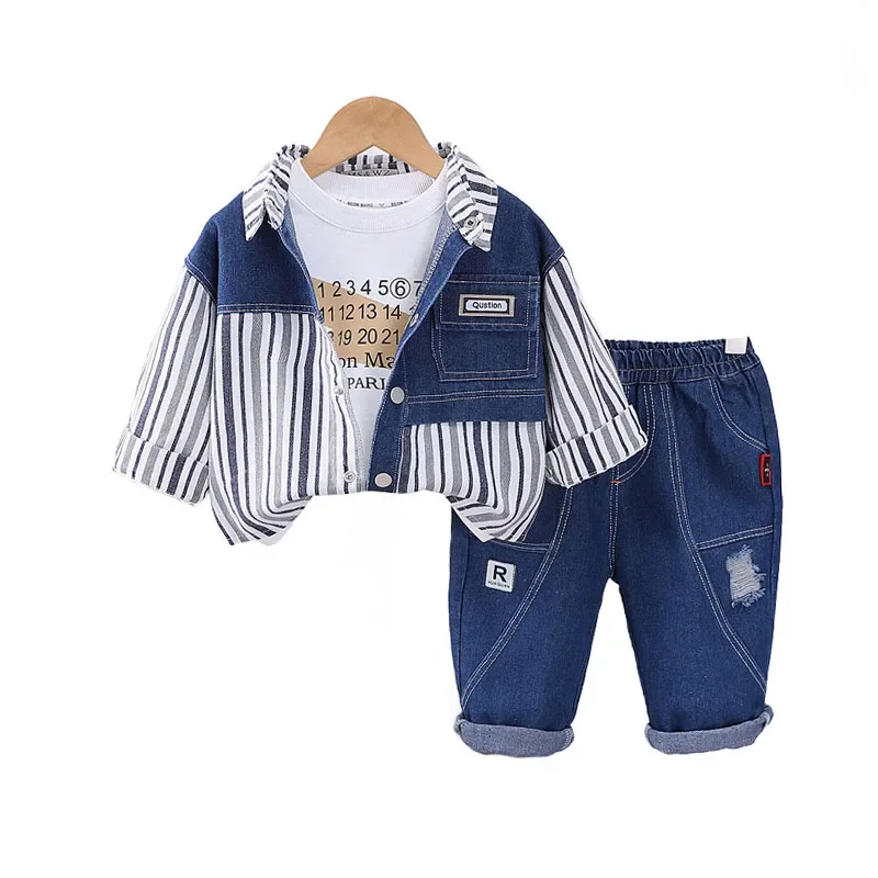 

Childrens Sets 2024 Spring Autumn Baby Boy Clothes Striped Patchwork Demim Shirts + T-shirts + Pants Suit for Kids Boys Outfits