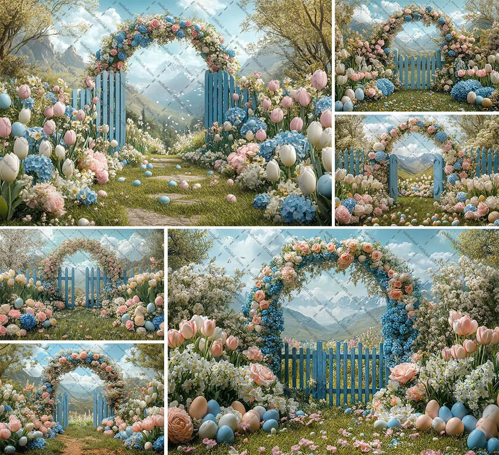 

Фон для фотосъемки Mehofond, весенний пасхальный сад, забор, арка, цветы, яйца, детский день рождения, портретный декор, фон для фотостудии