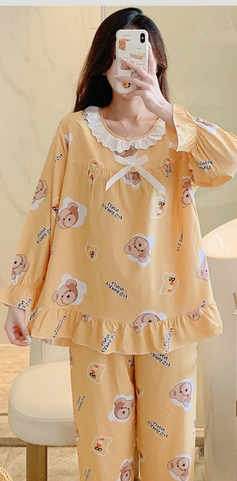 Student Long Cotton Silk Suit Crew-Neck Nine-Point Thin Breathable Comfortable Pajamas 100% Viscose Sweet Air Condition Clothes