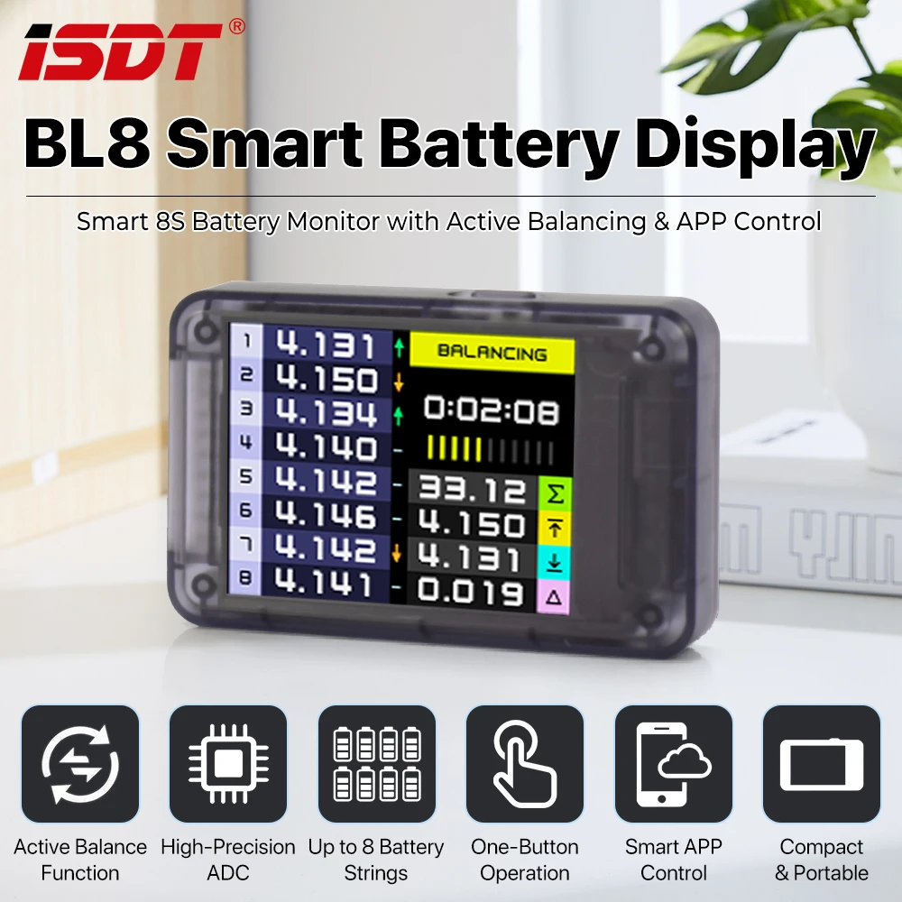 ISDT BL8 Smart Battery Monitor with Active Balancing, High-Precision ADC Plug & Play up to 8 Battery Strings APP Control