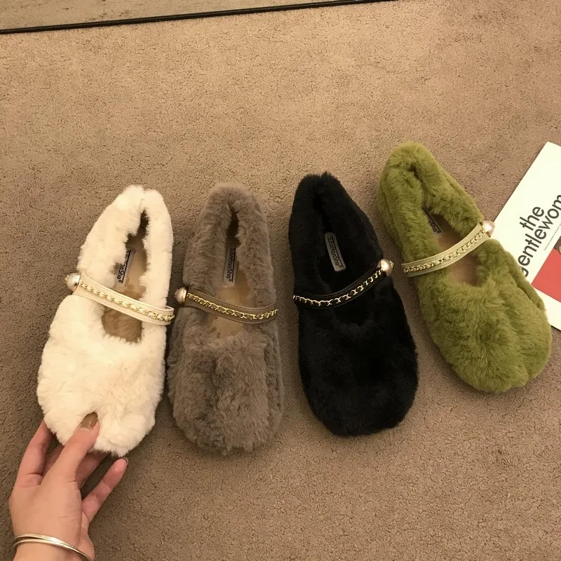 Luxury Fur Flats scarpe da donna 2022 New Fashion Mary Janes scarpe donna Warm Plush mocassini donna Fashion Cotton Shoes Femme