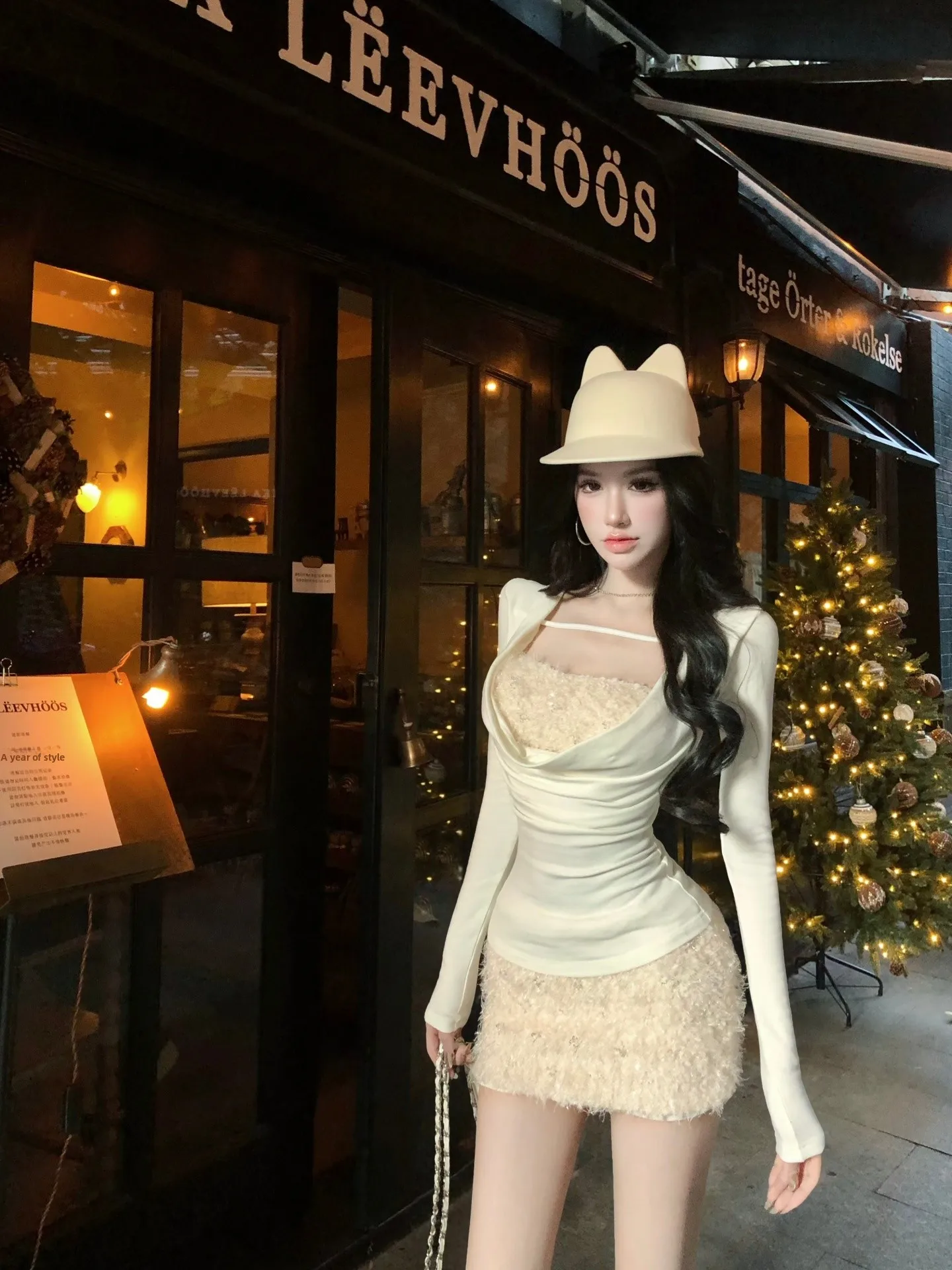 

Sexy Spicy Girl Set Women Early Spring Lady Fake Two-Piece Swinging Collar Long Sleeve Top Furry Wrap Short Skirt Two-Piece Set