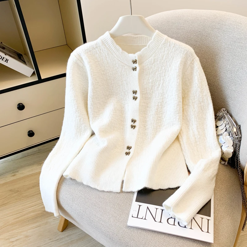 

Вязаный свитер Emily Clud с золотыми пуговицами, женский, осенне-зимний, с длинными рукавами, универсальный, открытый кардиган-топ