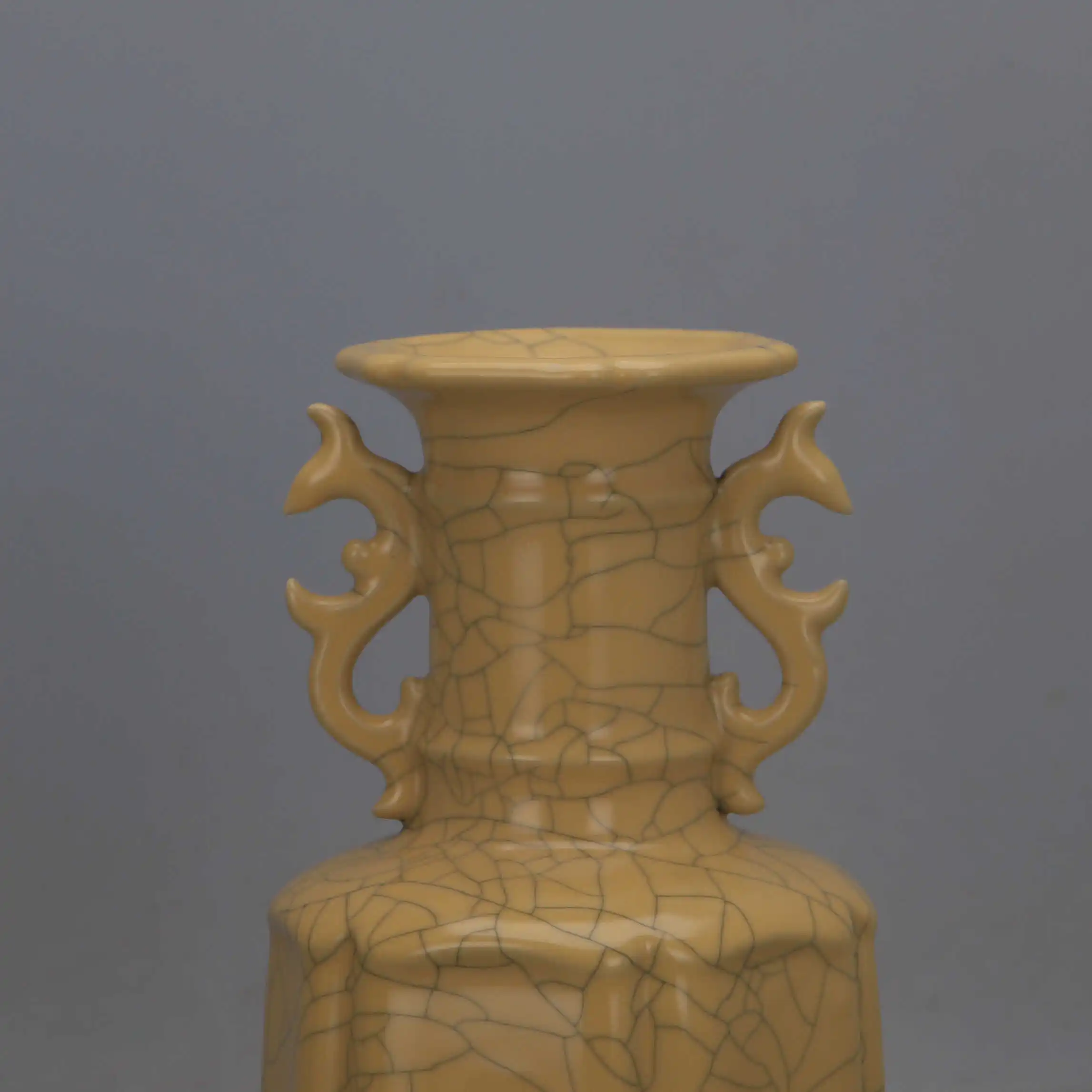 Song Guan Kiln Yellow Glaze Double Ear Hexagonal Vase Gold Wire Crackle Reproduction Vintage Home Decor Collectible