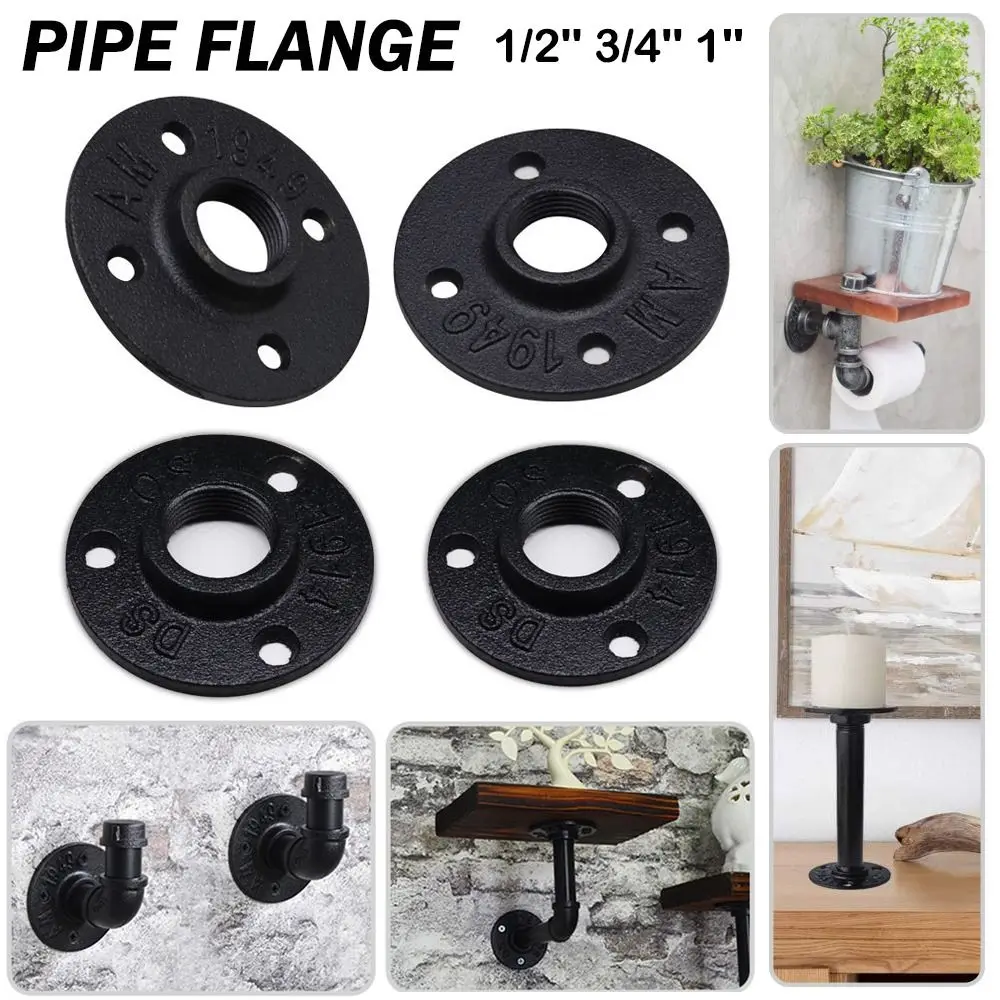 شفة أرضية مطلية جديدة باللون الأسود على الطراز الصناعي العتيق شفة أنابيب حديد مع لوحة شفة بفتحة ملولبة للمنزل