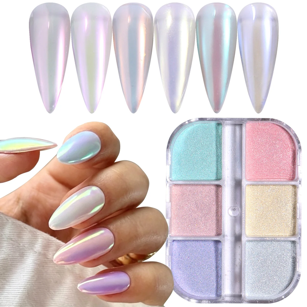 6 Grid Iridescent Mirror Chrome Nail Glitter Pigment Shimmer Aurora Pearl Fairy Rubbing Powder Fine Mermaid Flash Manicure Decor