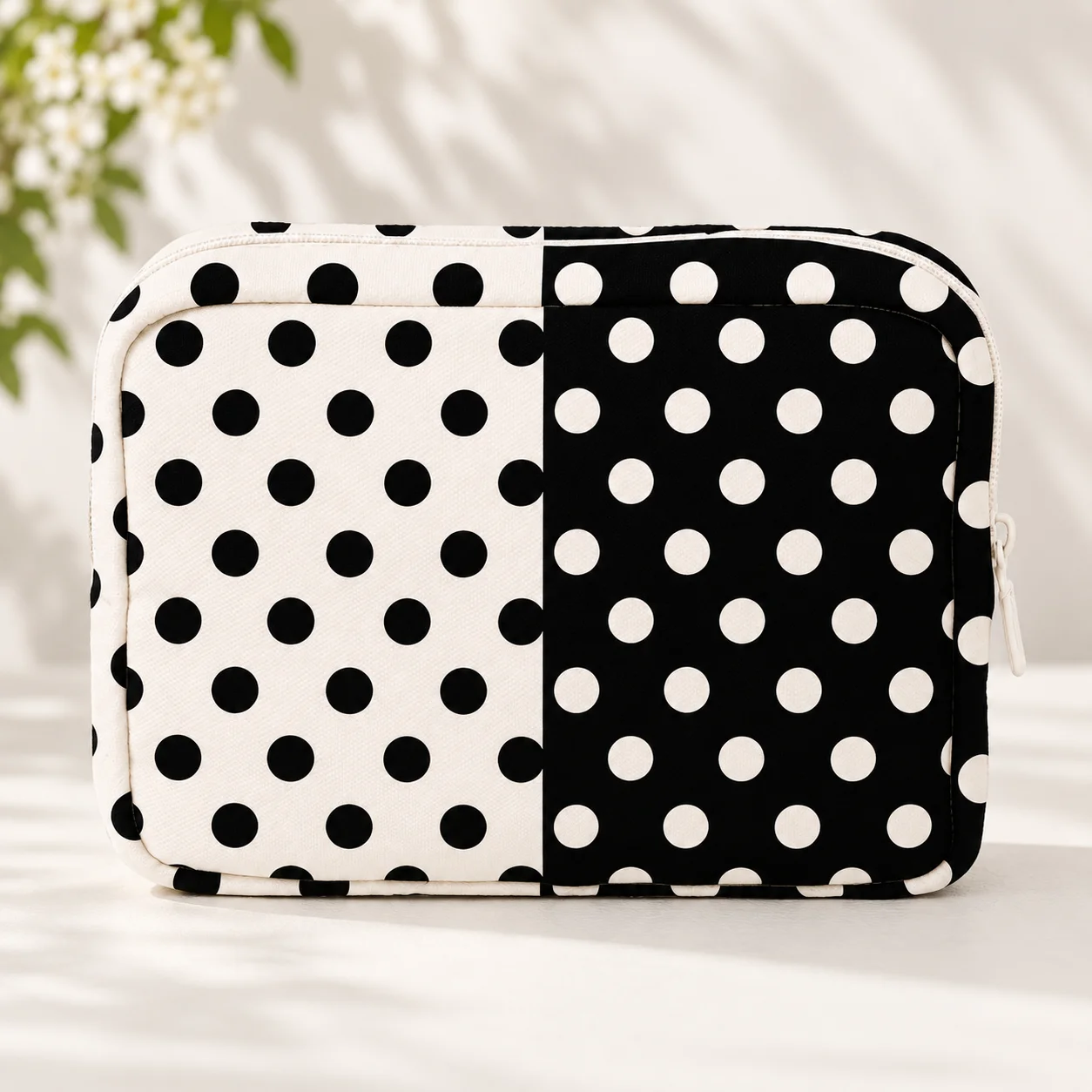 Cosmetic Bag Two Tone Polka Dot Canvas Makeup Pouch Women Portable Travel Toiletry Organizer Vanity Beauty Zipper Storage Case
