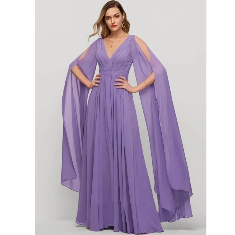 Summer Women'S Tulle Evening Dress Shawl Sleeves Floor-Length Formal Occasion Party Dress V-Neck Pleated Ball Dress