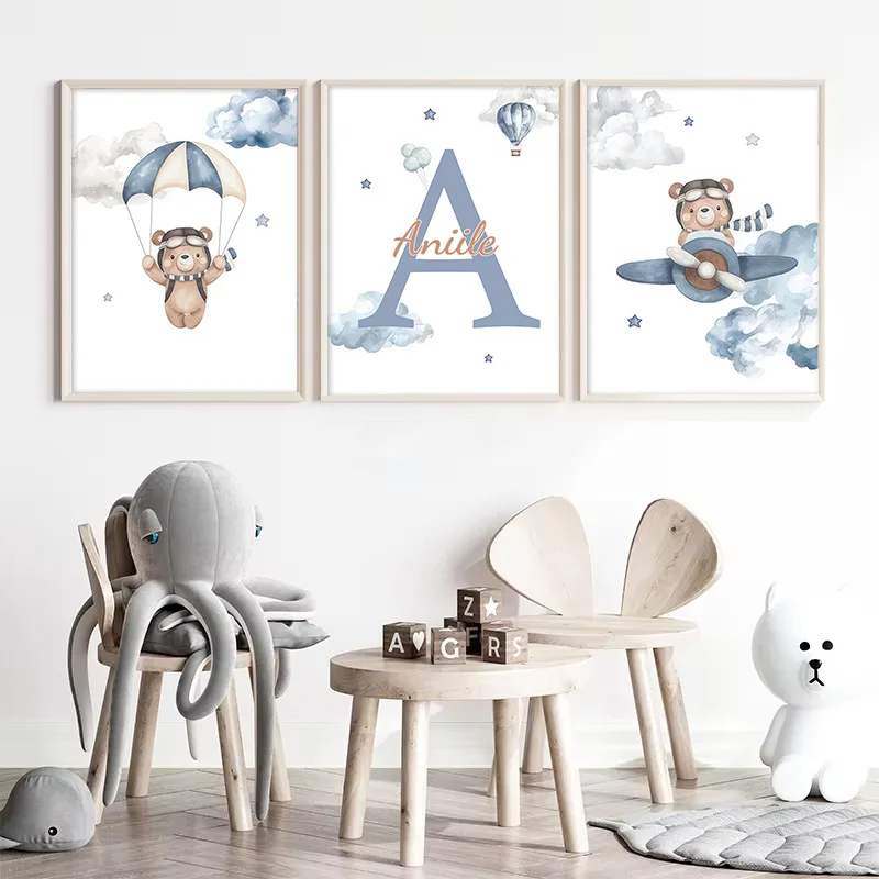 Customized Teddy Bear Nursery Wall Art Personalized Name Poster and Canvas Painting Cartoon Print Picture for Baby Bedroom Decor