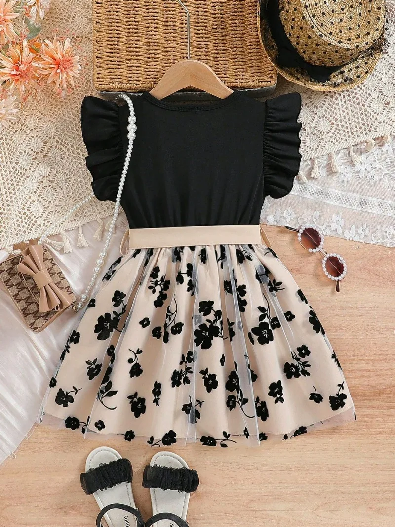 Girls' Chic Knit Pullover Dress with Flutter Sleeves - Sweet Princess Outfit for Spring/Summer 2026