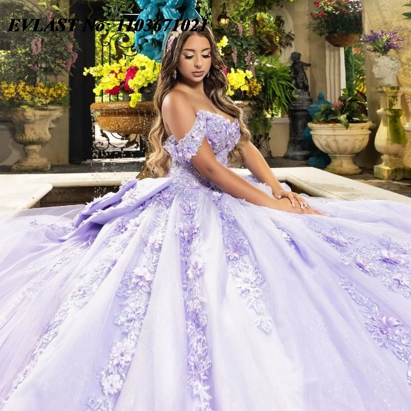 EVLAST Shiny Lavender Ball Gown Quinceanera Dress Floral Applique Beading Puffy Sleeve Bow Sweet 16 Vestidos De 15 Anos SQ206