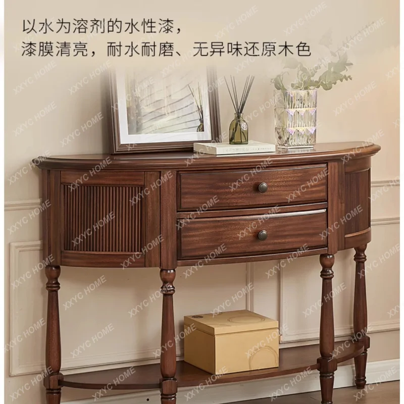 XXStyle Solid Wood Entryway Table Black Walnut Half Round Entryway Counter Table Hallway Side Table Storage Cabinet