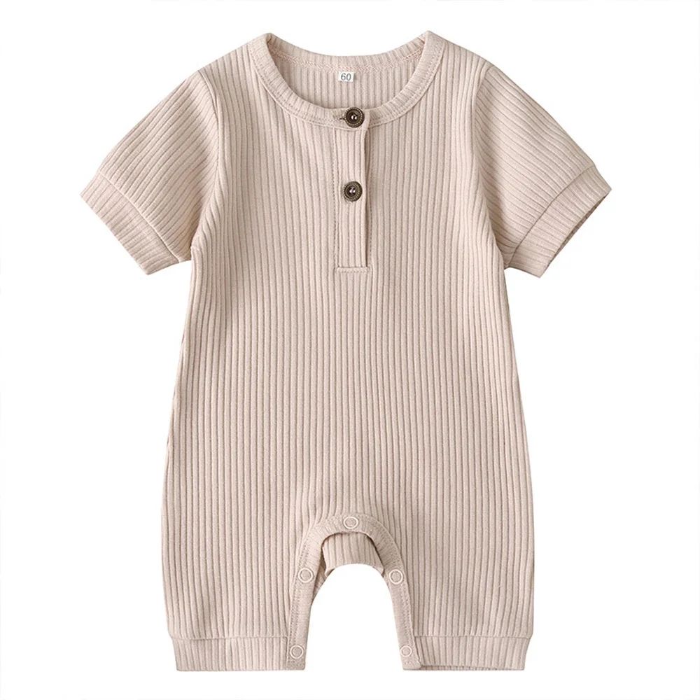 Baby Newborn Summer 0-24 Months Short Sleeve Shoulder Button Flat Corner Crawling Suit Cotton Solid Color Onesie