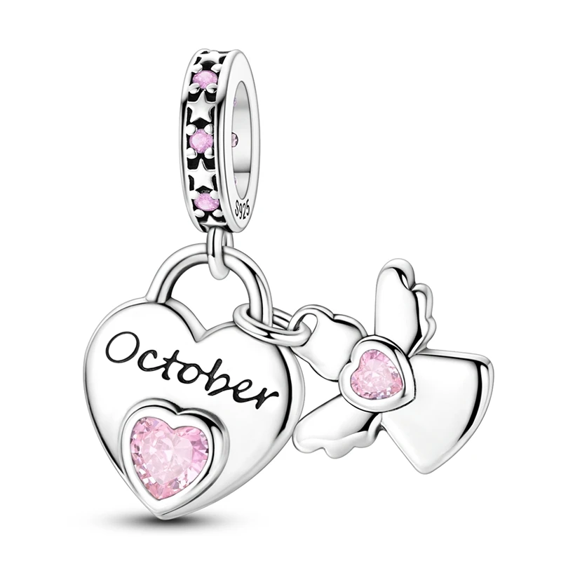 925 Sterling Silver October Birthstone Heart Lock Dangle Charm Pink Opal CZ Heart Angel Pendant Bead Fit Bracelet Jewelry Gift