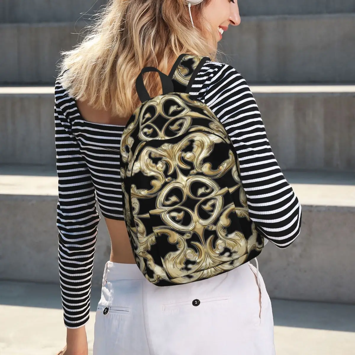 

Fancy Gold Baroque Design Backpack Hot Sale Daypack Large Capacity Boys Girls BookBag School Bag Shoulder Bags for Men Women