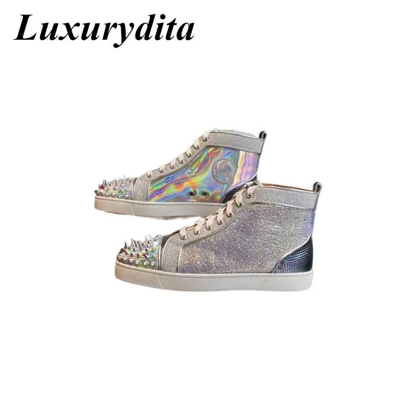 Top Quality Womens Trendy Casual Sneakers Luxury Mens Real Leather Tennis Shoes Designr Red Sole Tide Lovers Rivet Shoes HJ0744