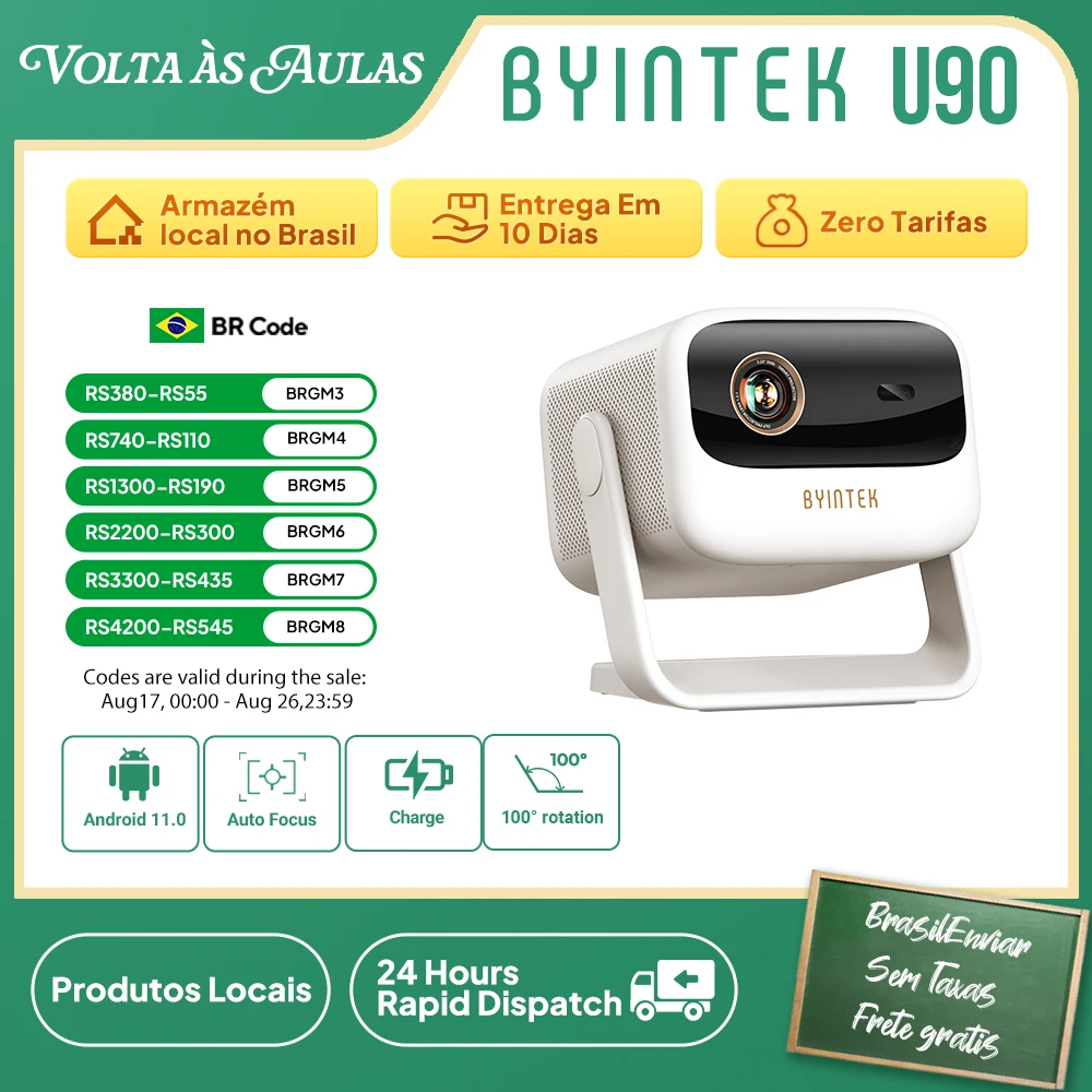Projetor BYINTEK U90 MAX Magic 2 Max 4K Google TV 11.0 Full HD1080P Cinema WiFi Portátil 1080P Home Theater Vídeo DLP com Bateria