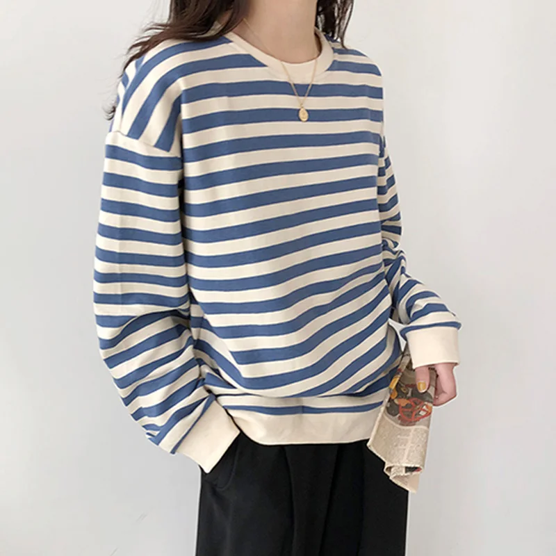 korean Boyfriend Oversized casual Hoodies Women harajuku Street Vintage Striped Patchwork Sweatshirts O-neck Pullovers thin Tops