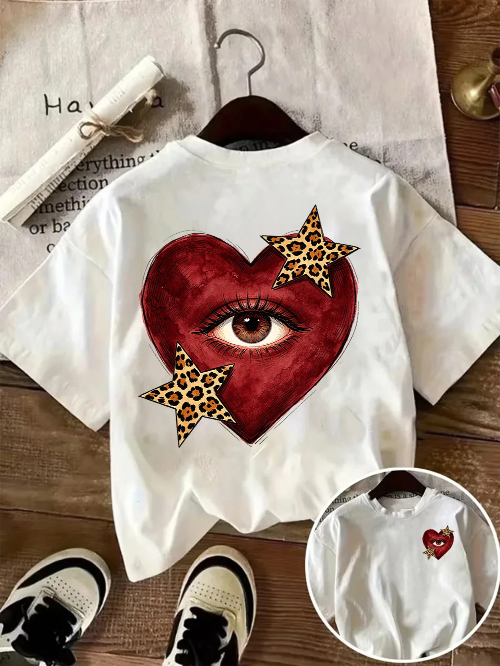 

Heart Eye Graphic Women T Shirt Leopard Star Print Casual Short Sleeve O Neck Loose Tee Aesthetic Summer Streetwear Top