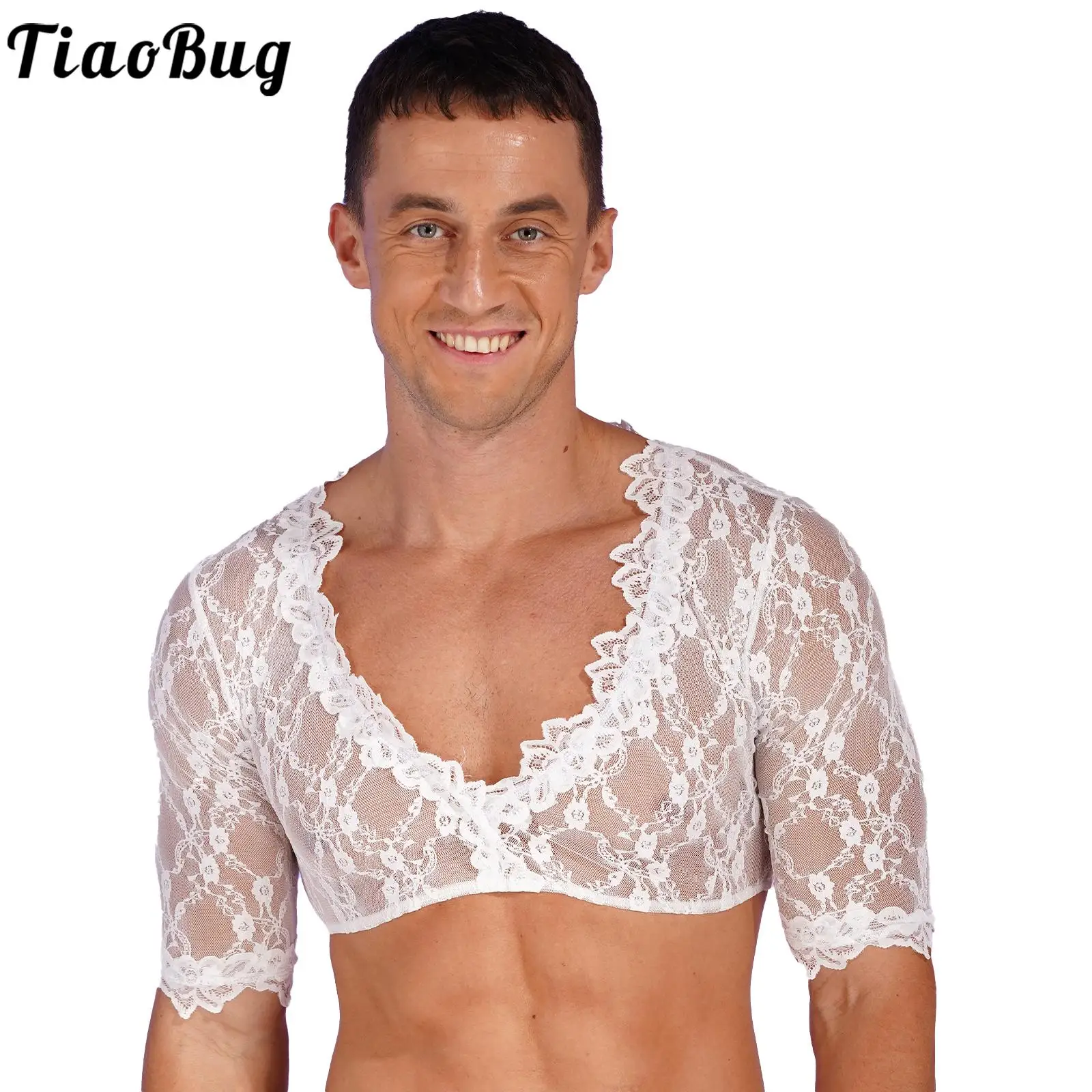 

Mens Deep V-Neck Half Sleeve Crop Top Sheer Lace Pullover Blouse Cross-Dresser Transvestite Costume