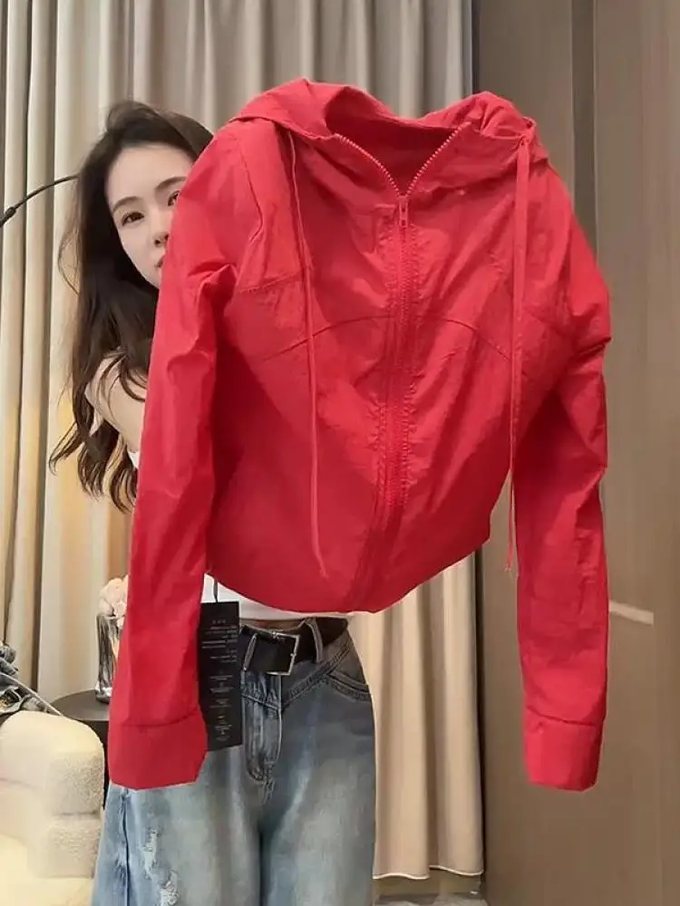 

Red Hooded Summer New Loose Slimming Casual Short Coat Women's Summer New Style High Waist Long Sleeve Zipper Closure Jacket