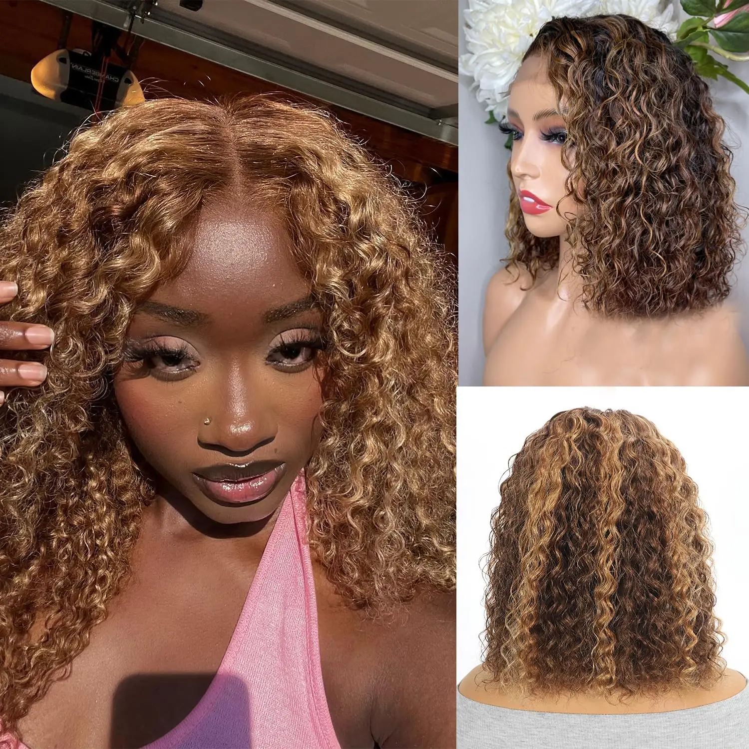 P4/27 Deep Wave 13x4 Lace Front Bob Wig Human Hair Short Curly Bob Wig Pre Plucked With Baby Hair Lace Front Wig Honey Blonde