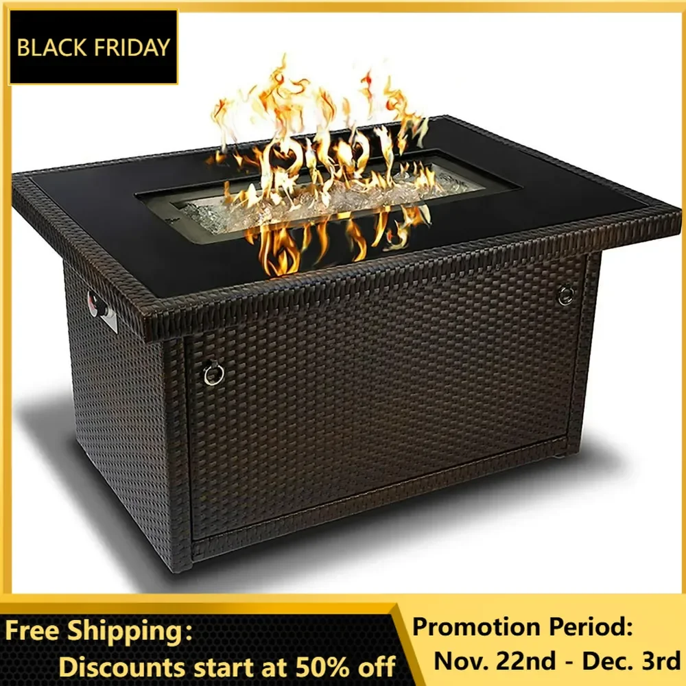 Fire Table, Includes Pre-attached 3-ft Hose with Regulator, 8 Mm Black Tempered Glass Tabletop, Arctic Ice Decorative Glass Rock