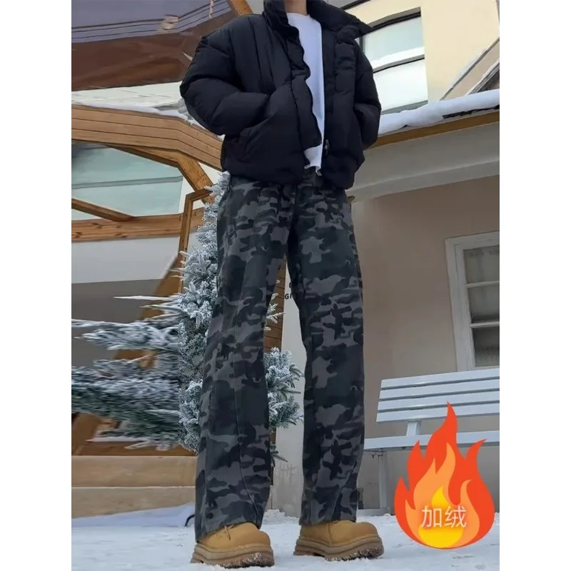 

Fleece Pants 2026 Men's American Cleanfit Retro Camouflage Pants Autumn and Winter Logging Pants Scimitar Tooling Baggy Jeans