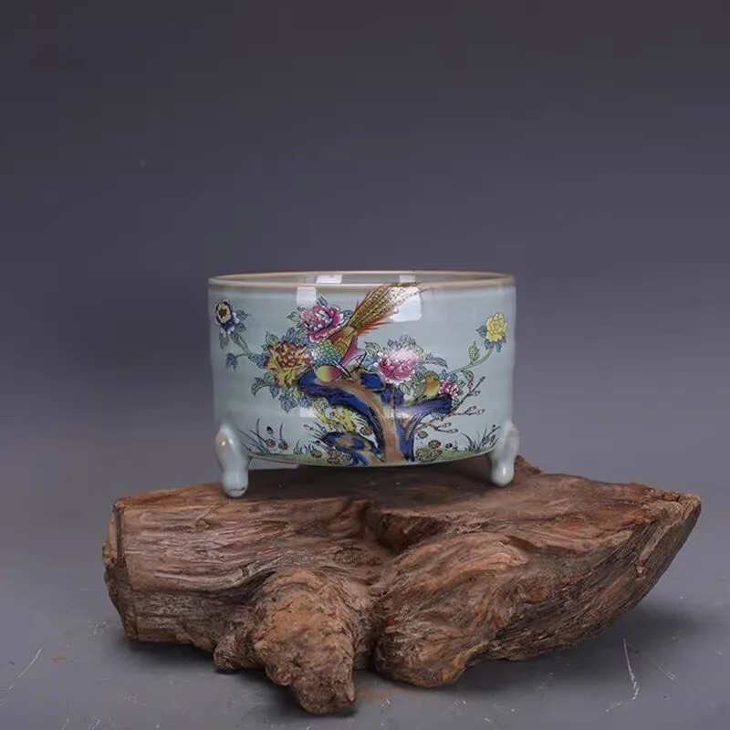 Chinese Celadon Porcelain Tripod Incense Burner Song Ru Kiln Phoenix Design 5.3