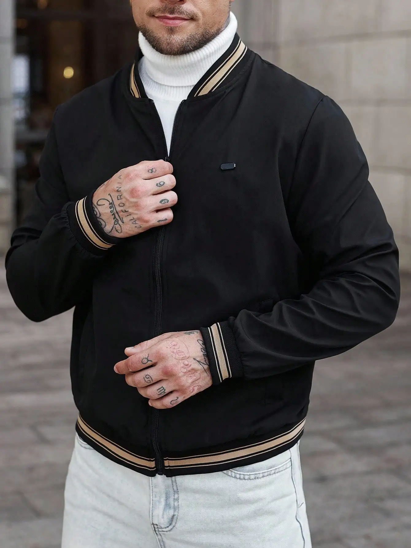 Men's Black Bomber Jacket with Beige Trim, Zip-Up Casual Outerwear for Autumn Winter