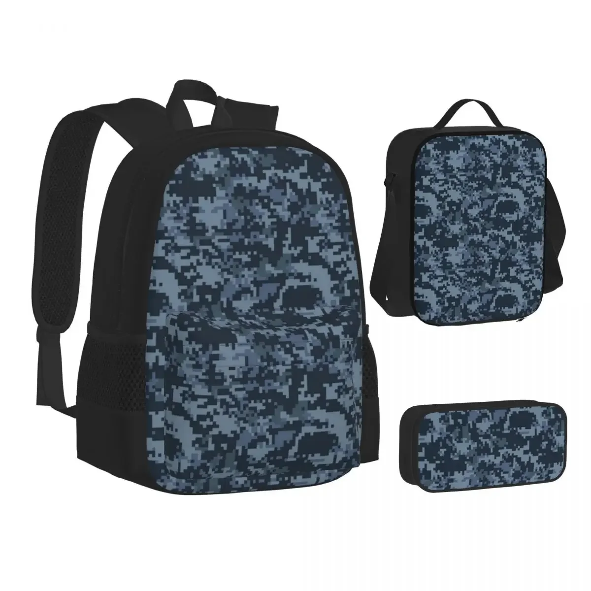 Navy Blue 2 Digital Military Camouflage Backpack Bookbag Students School Bags Kids Rucksack Lunch Bag Pen Bag Three-Piece Set