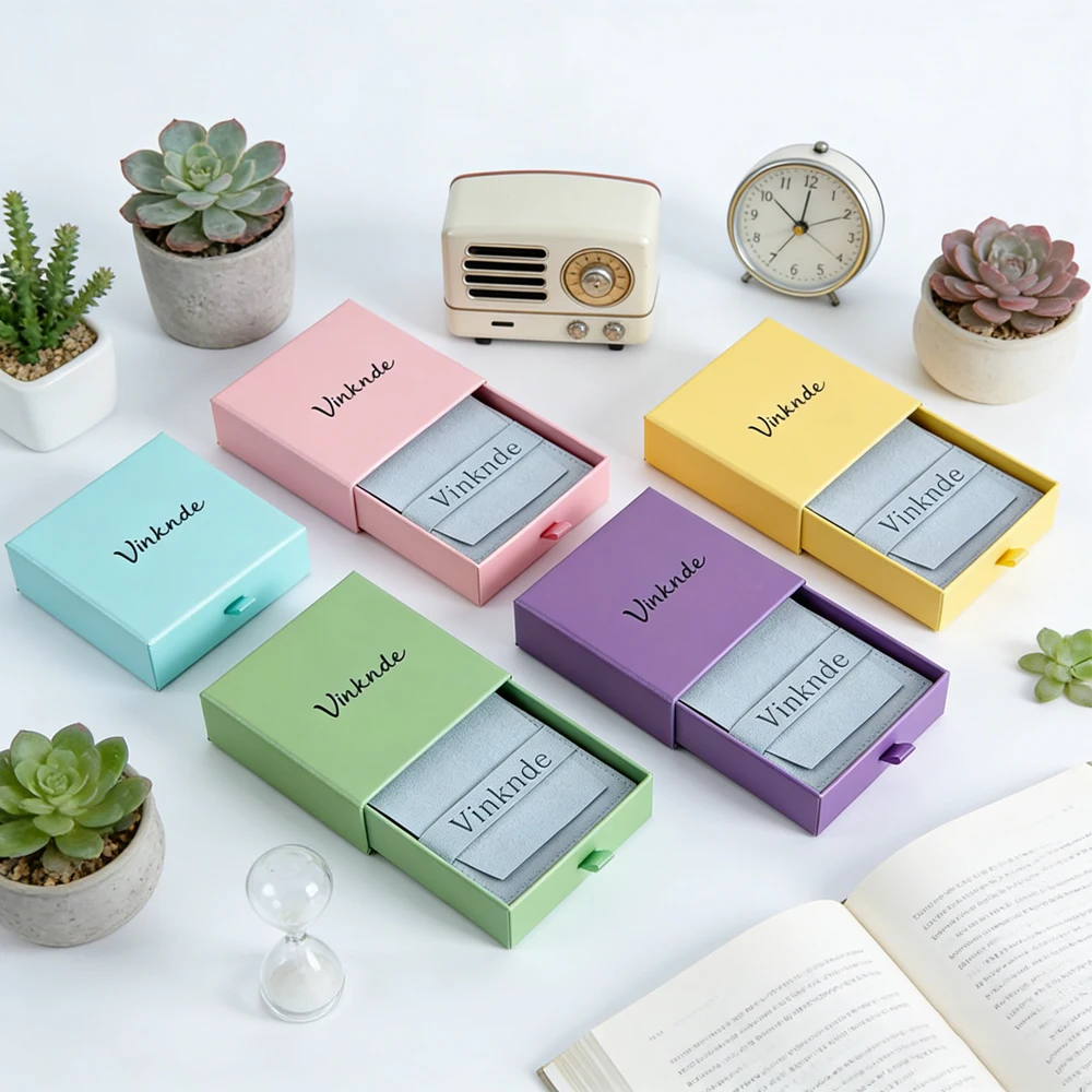 

Custom Logo Drawer Paper Boxes Jewelry Necklace Earring Ring Box Package Small Premium Gift Case Micrfober Velvet Flip Bag Pouch
