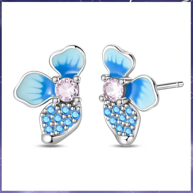 Pendientes de pétalos azules frescos de plata pura 925, adecuados para la venta al por mayor de regalos de joyería para mujeres adolescentes