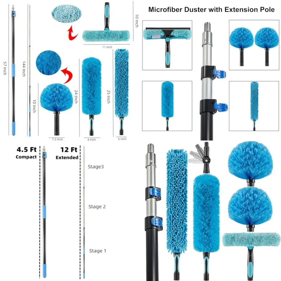 

20 Feet High Ceiling Fan Duster with 5- Extension Pole, Extendable Reusable Cobweb, Feather, Window Cleaning Squeegee Kit