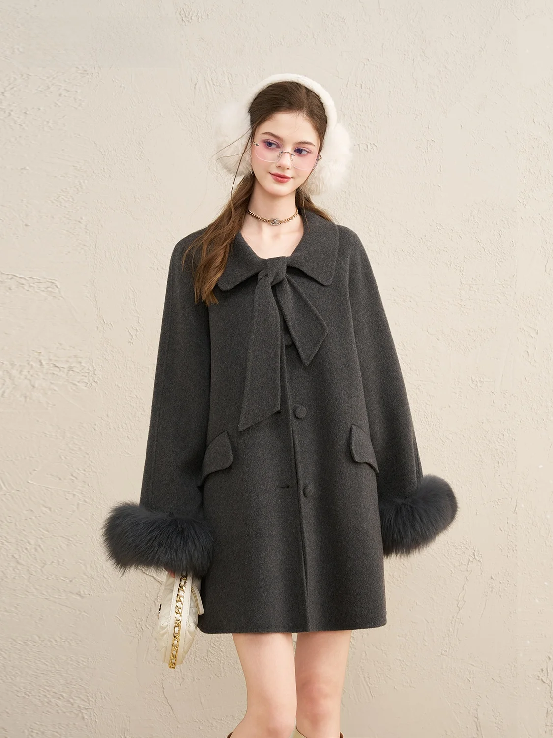 

Gray Fur Sleeve Cashmere Coat Women's Fashionable Double-sided Woolen Coat Long Sleeve Mid-length Open-style Coat